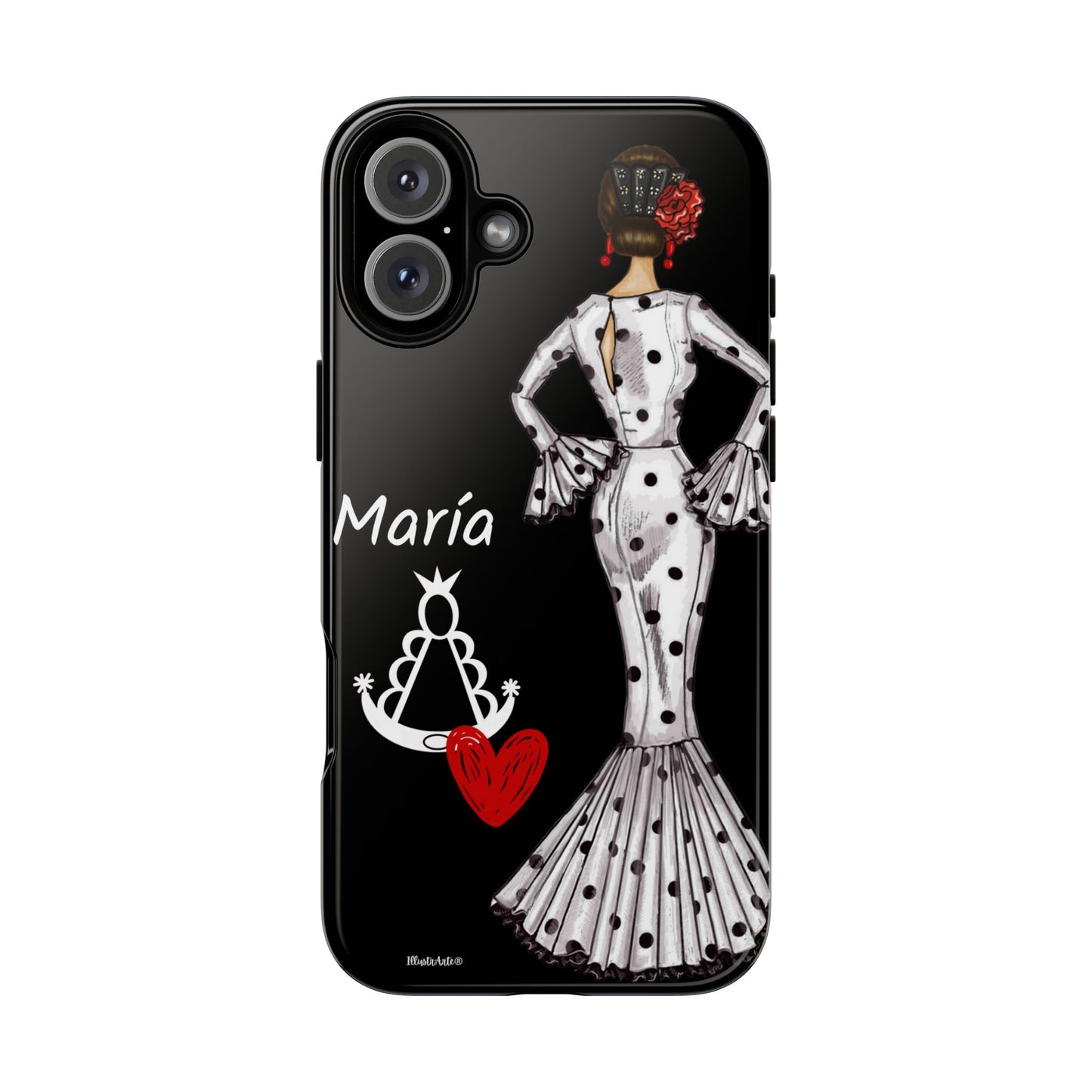 una funda de teléfono en blanco y negro con una mujer en un vestido de lunares