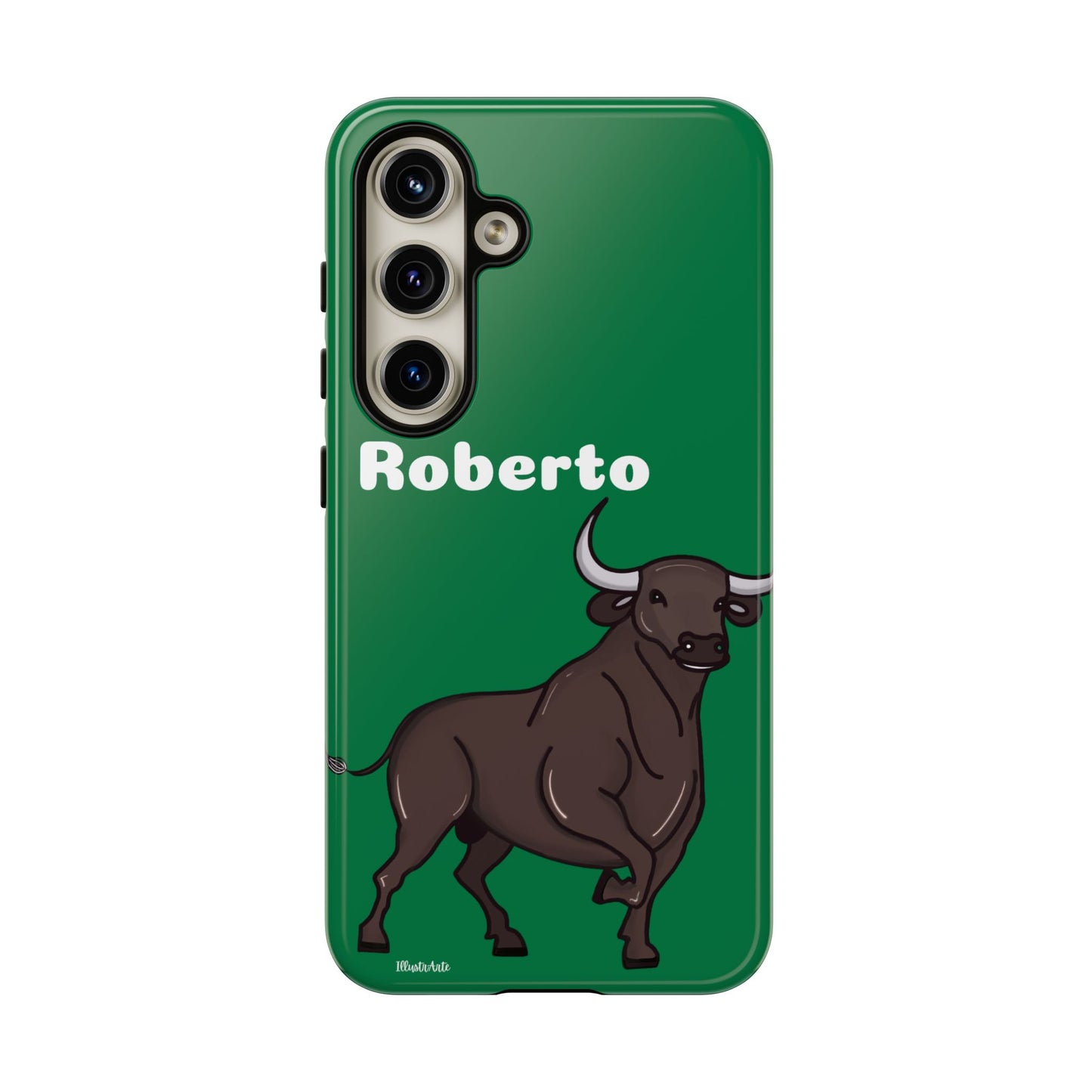 una funda de teléfono verde con un toro en ella