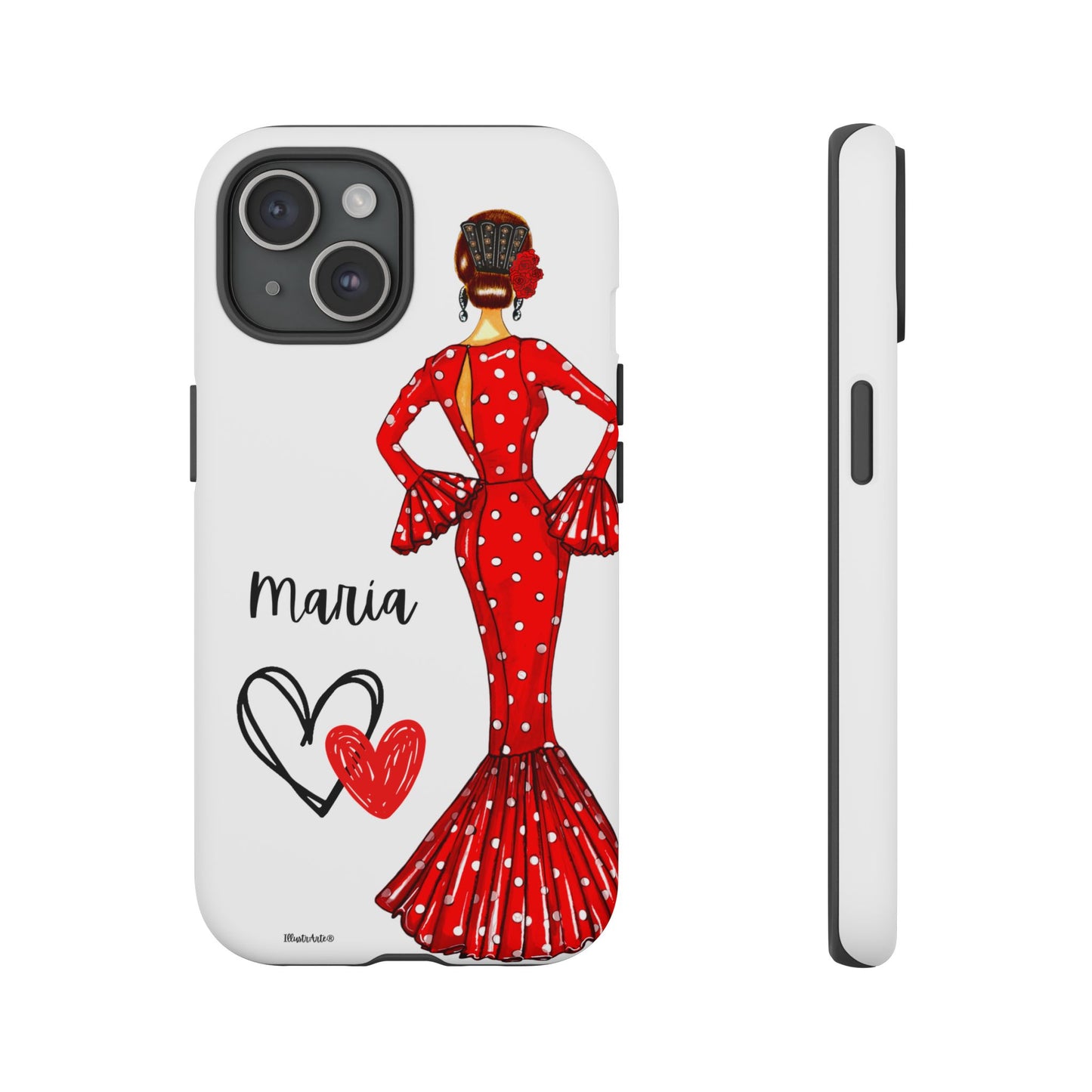 una funda de teléfono con una mujer en un vestido rojo