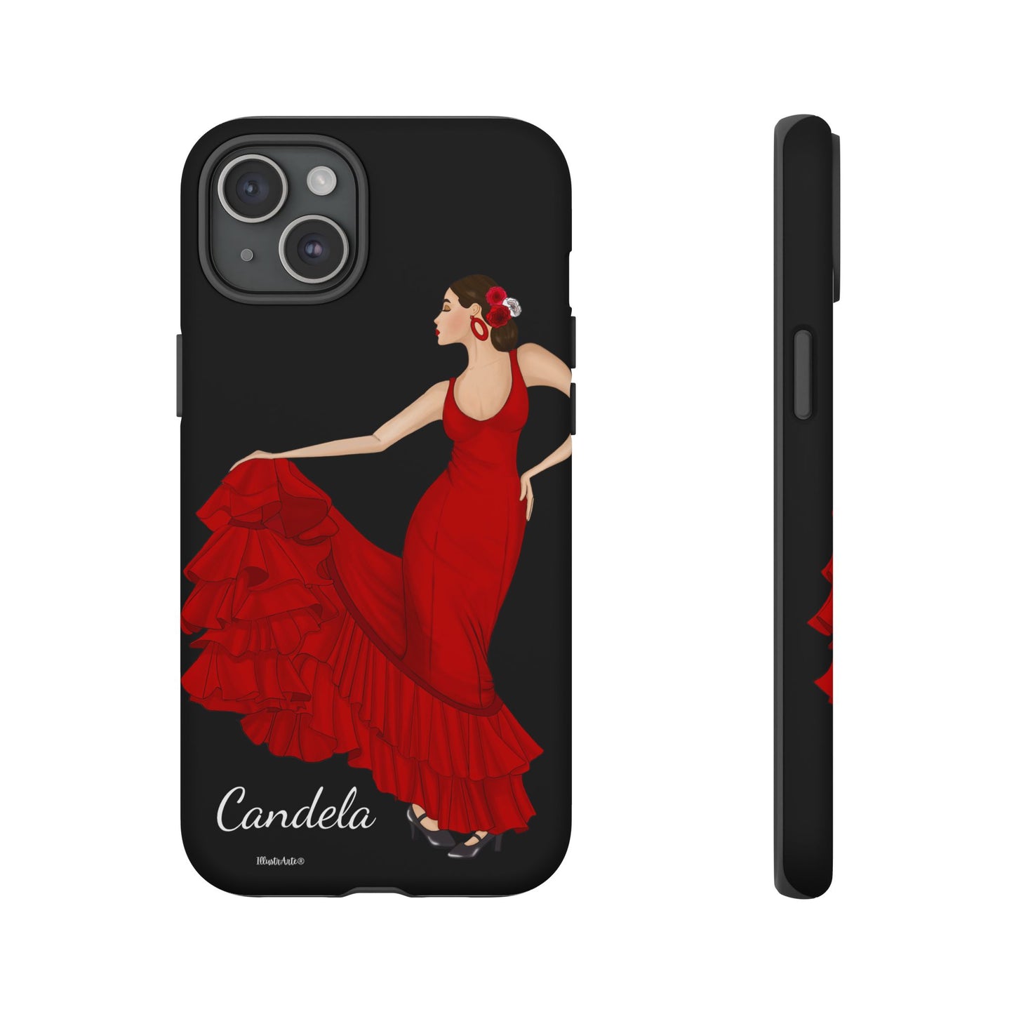 una funda de teléfono con una imagen de una mujer en un vestido rojo