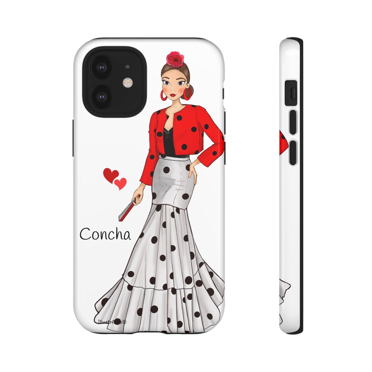 Vista completa de la funda de teléfono personalizable con nombre y diseño flamenco, modelo Conchita para iPhone, Samsung y Google Pixel.