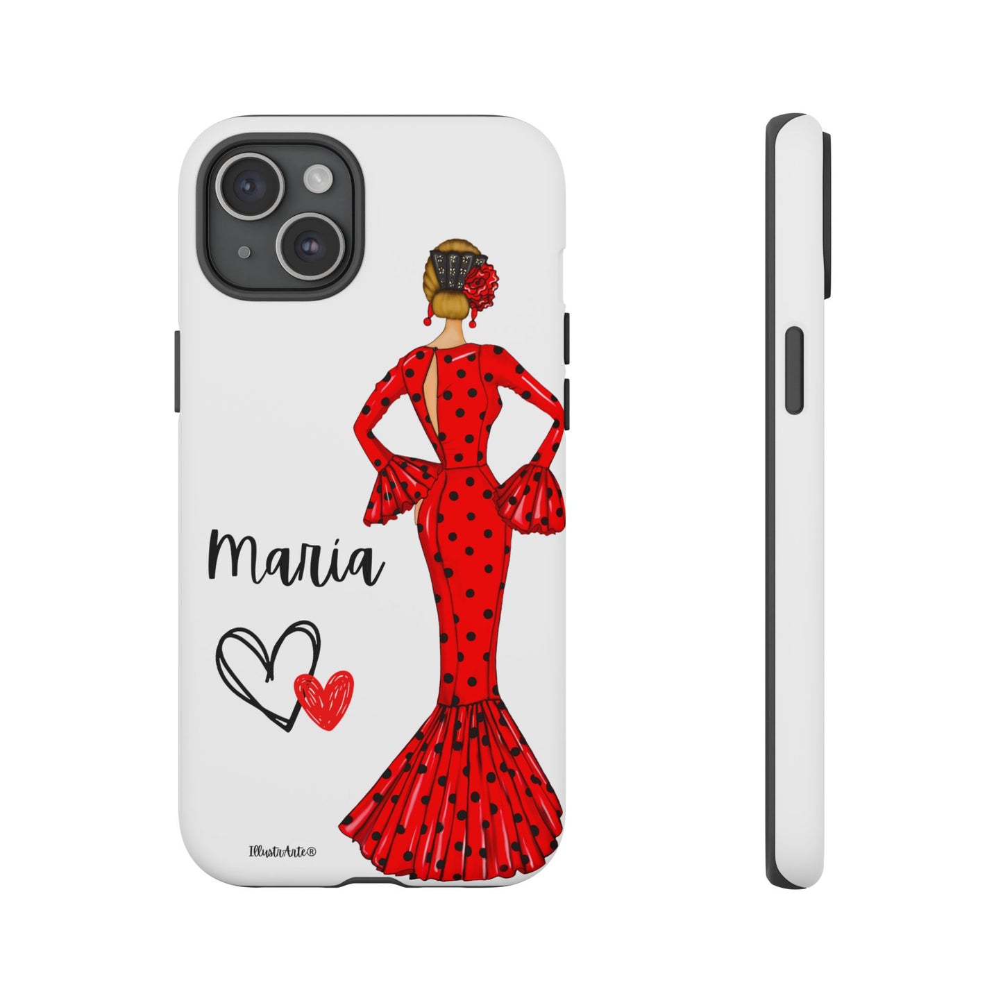 una funda de teléfono con una mujer en un vestido rojo