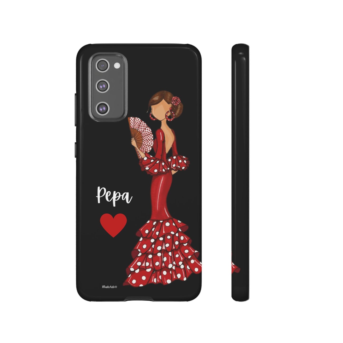 una funda de teléfono con una mujer en un vestido rojo