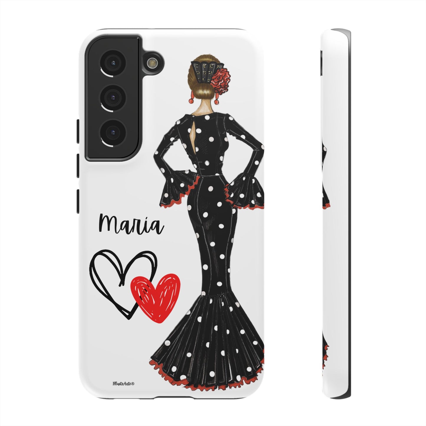 una funda para teléfono con una mujer en un vestido