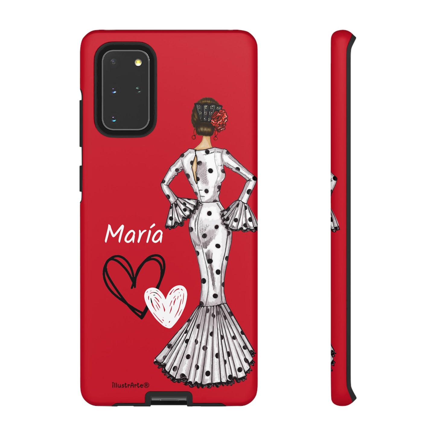 Personalized Maria phone case, white with red hearts background – for iPhone, Samsung, Pixel