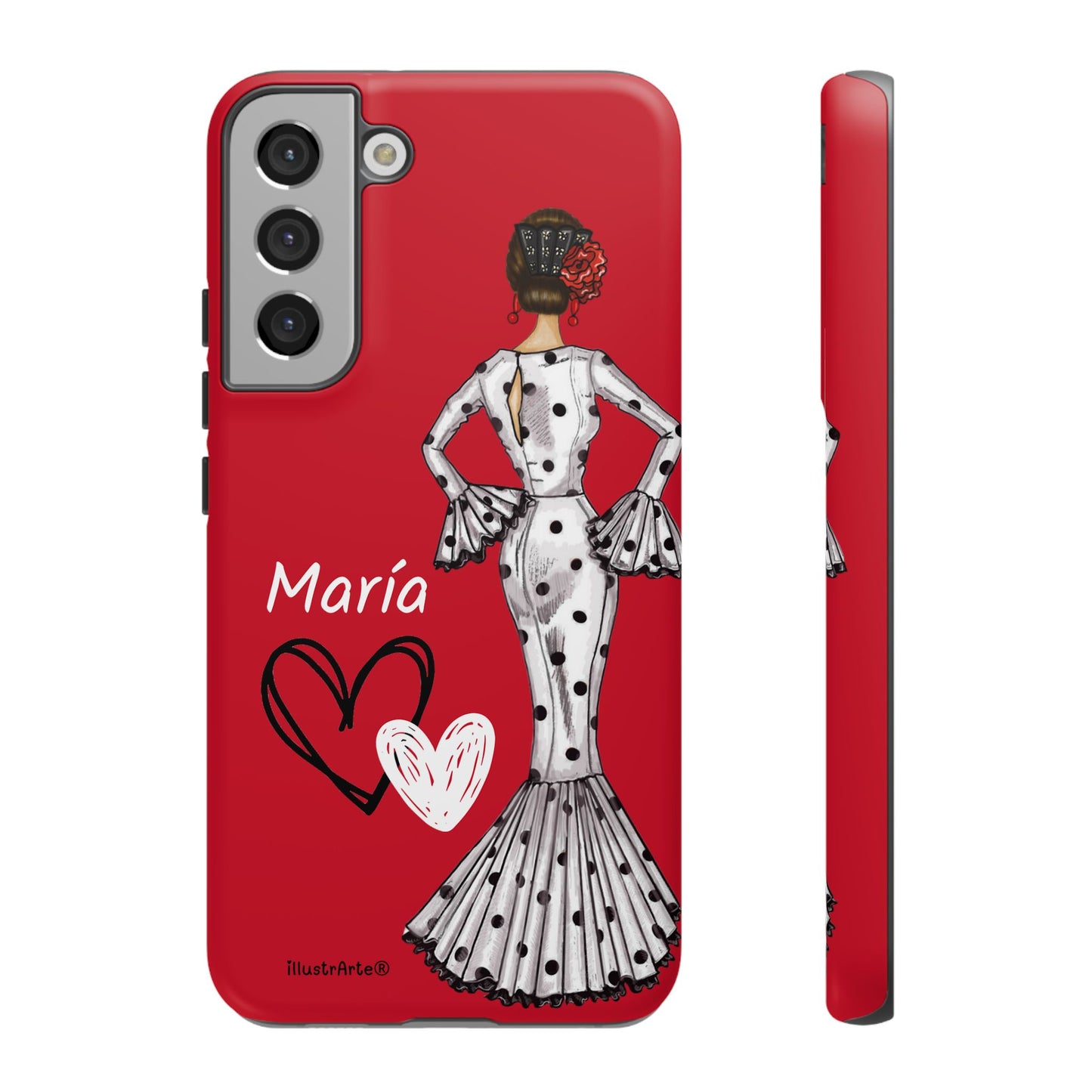 Personalized Maria phone case, white with red hearts background – for iPhone, Samsung, Pixel
