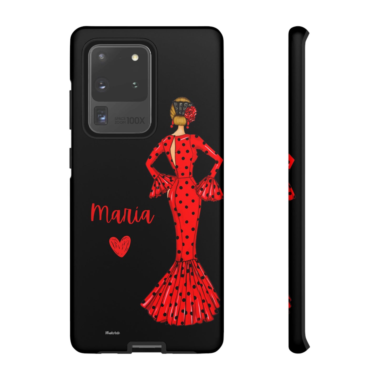 una funda de teléfono con una mujer en un vestido rojo