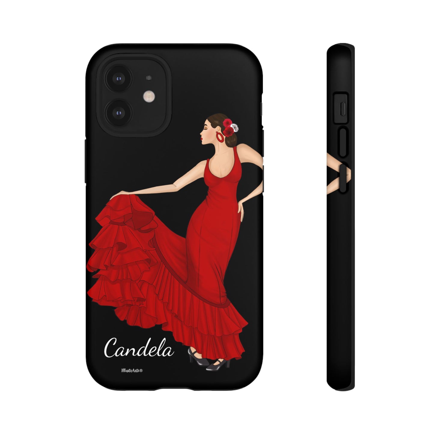 una funda de teléfono con una foto de una mujer en un vestido rojo