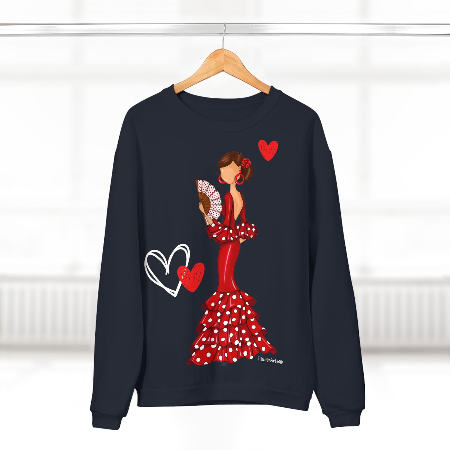 NUEVO  Flamenco lovers white Crewneck Sweatshirt, beautiful flamenco dancer in a pink dress with hearts.