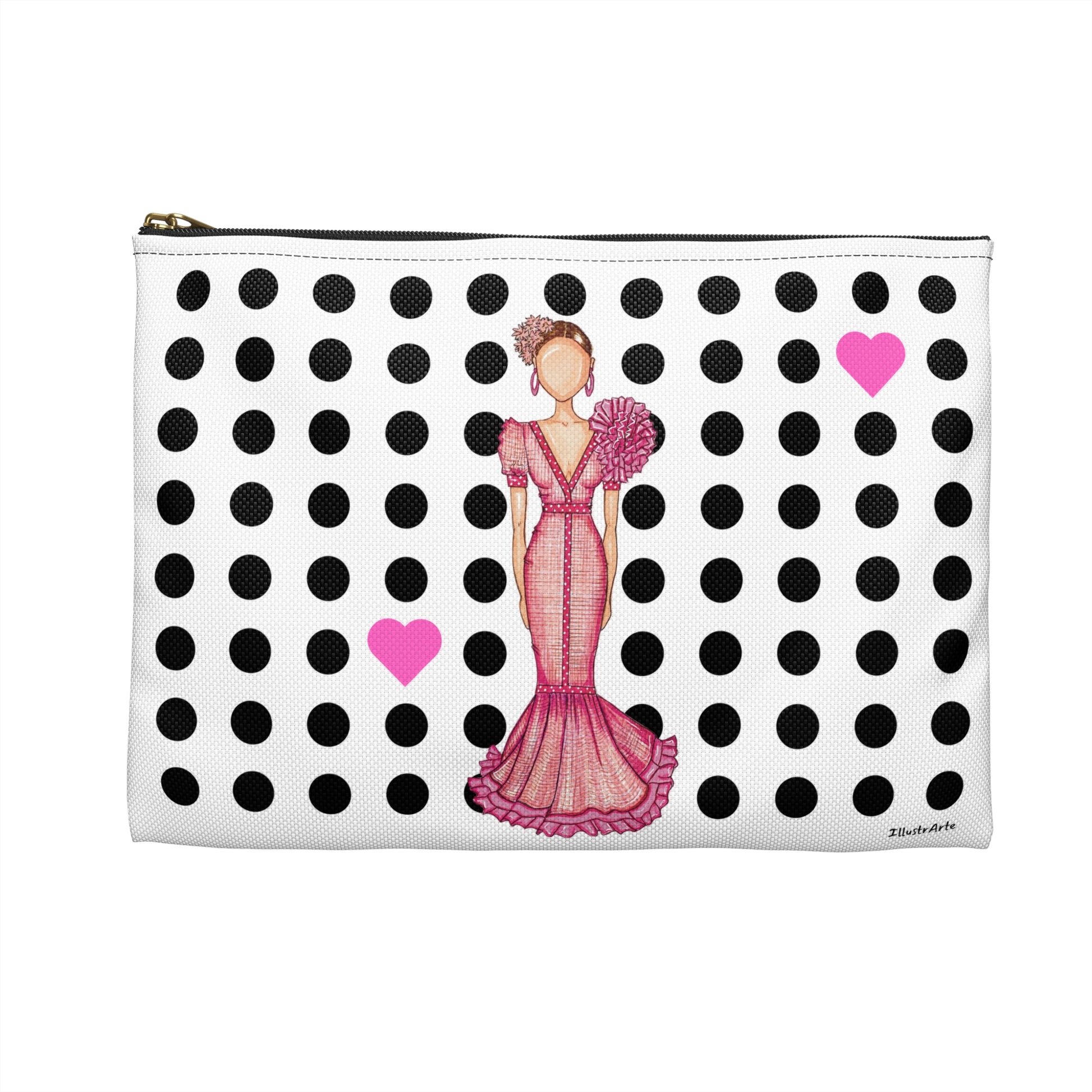 Flamenco Dancer Customizable Washbag, pink dress and pink hearts on a black polka dot design. - IllustrArte