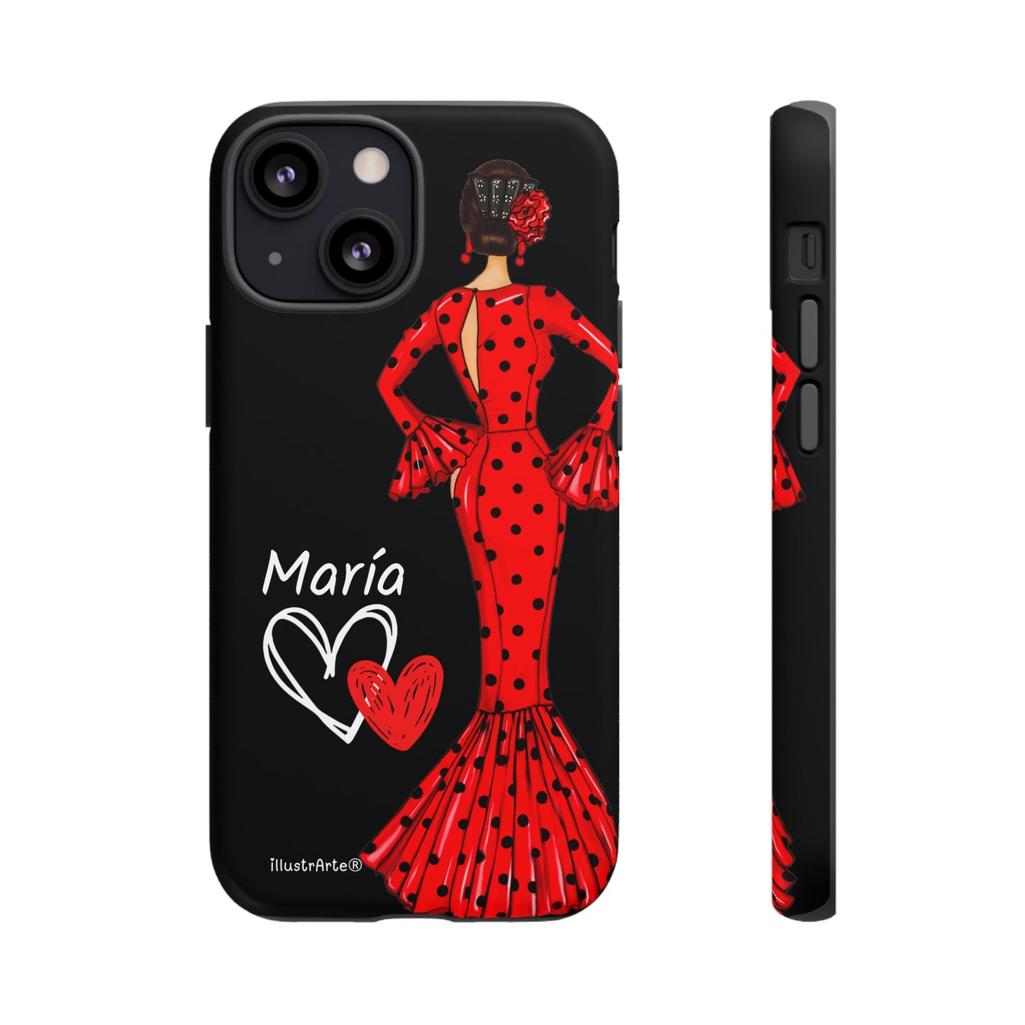 Capa de celular personalizável com nome/bandeira/Virgem - modelo Red Maria com cabelo escuro, fundo preto, para iPhone, Samsung e Google Pixel