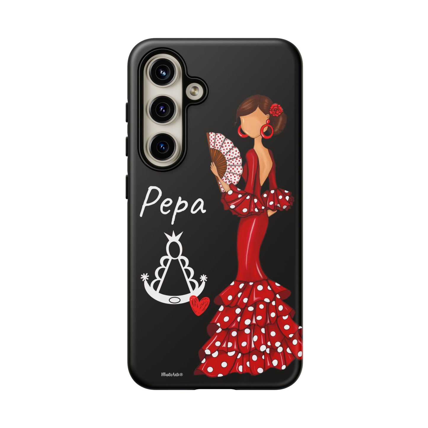 una funda de teléfono con una mujer en un vestido rojo