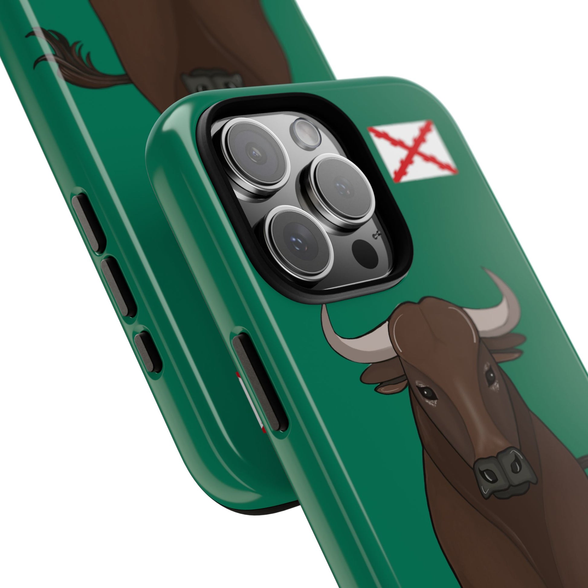 una funda de teléfono con una imagen de un toro en ella