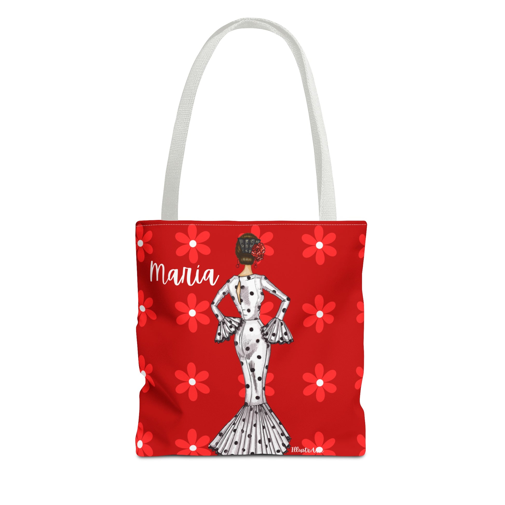 a red tote bag with a picture of a woman on it