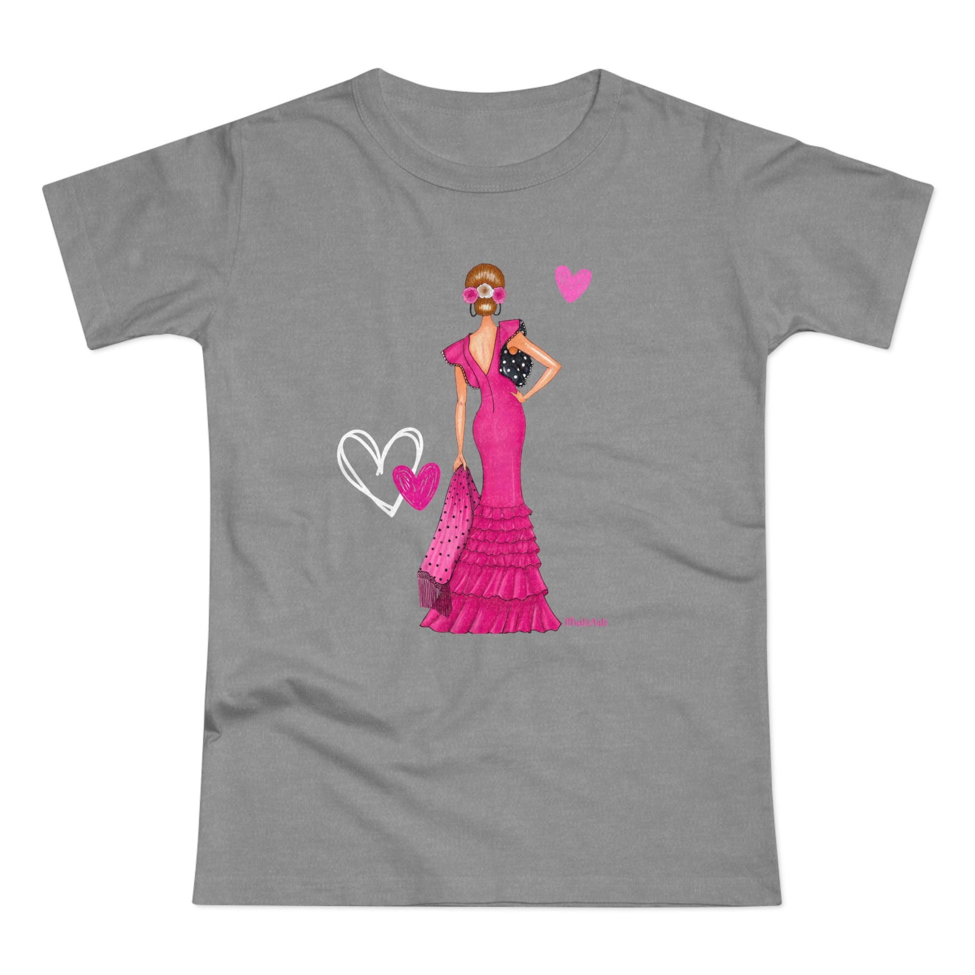 a women's t - shirt with a woman in a pink dress