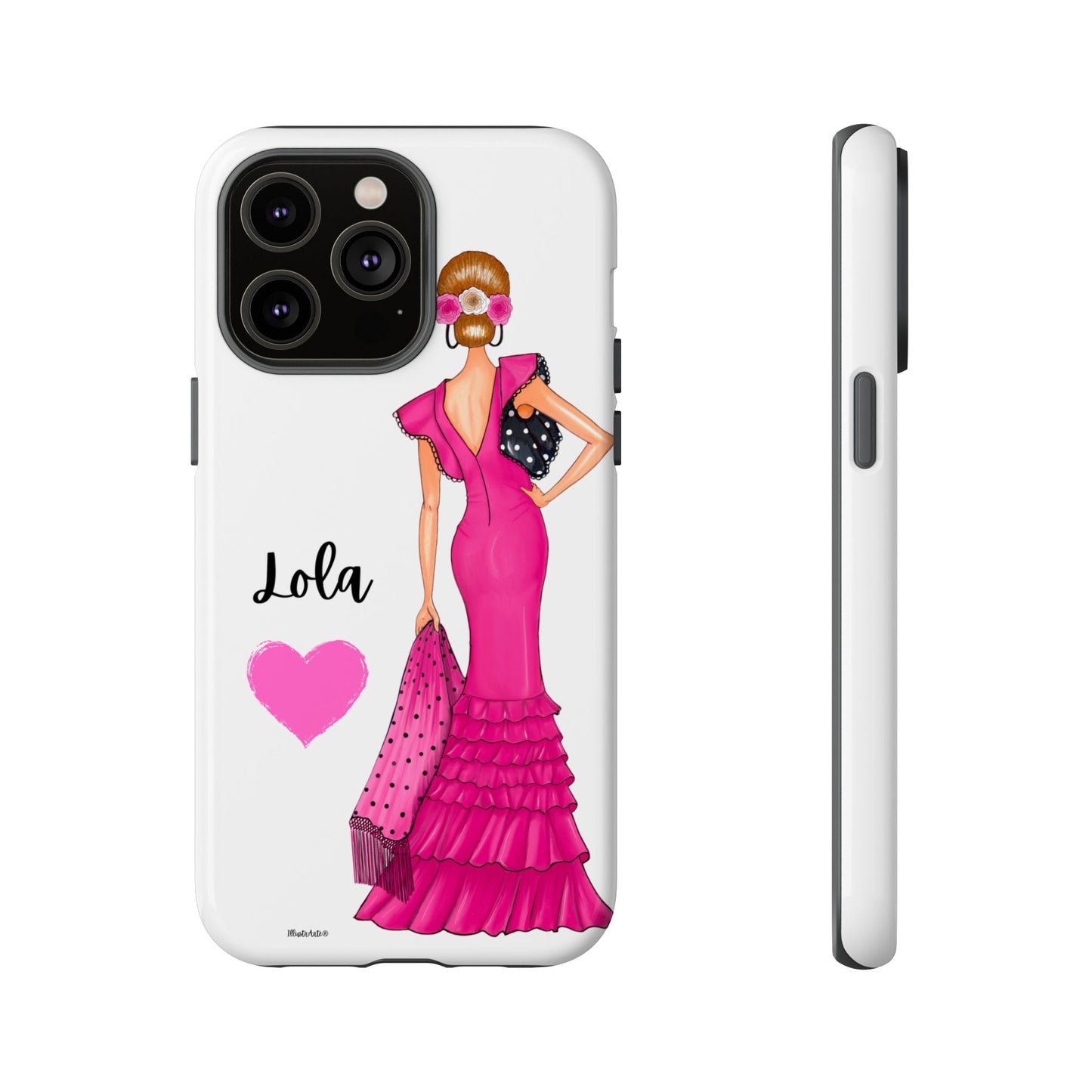 Funda de teléfono personalizable con nombre/bandera/Virgen - Modelo Manuela vestido rosa que combina estilo y funcionalidad.