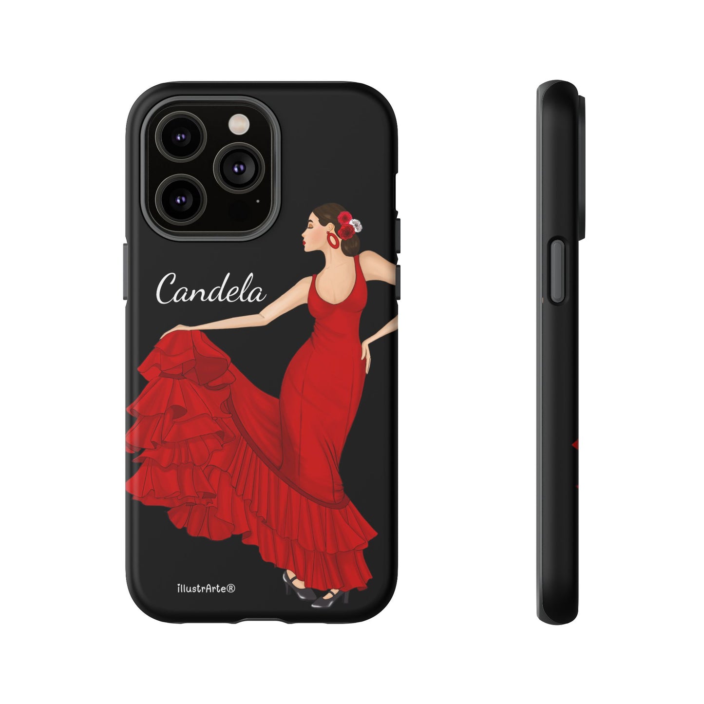 Capa de telefone personalizável. Modelo Candela com fundo preto. Para iPhone, Samsung Galaxy S e Google Pixel. 