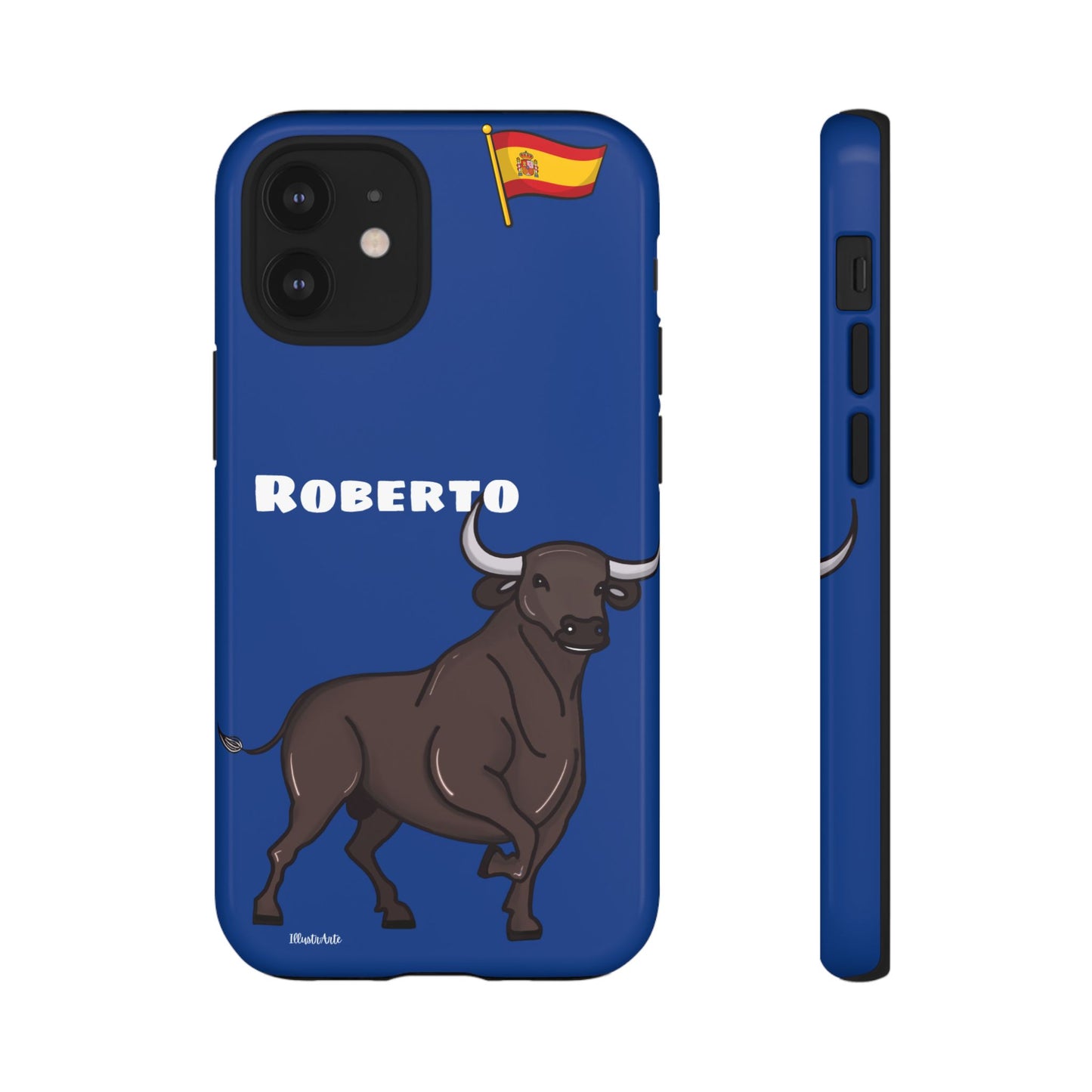 Funda de teléfono personalizable con nombre/bandera/Virgen - Modelo Toro Roberto, resaltando su elegancia y resistencia.