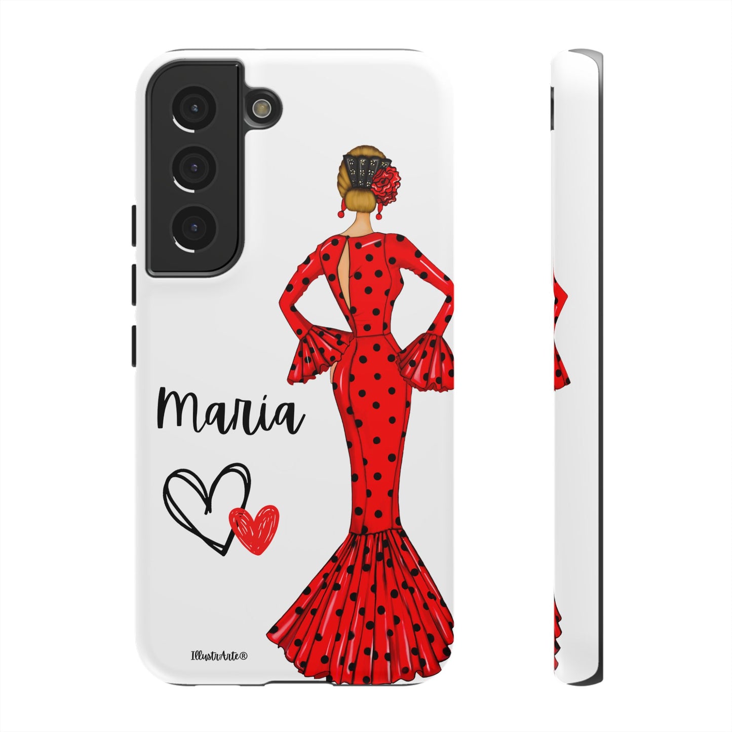 una funda de teléfono con una mujer en un vestido rojo