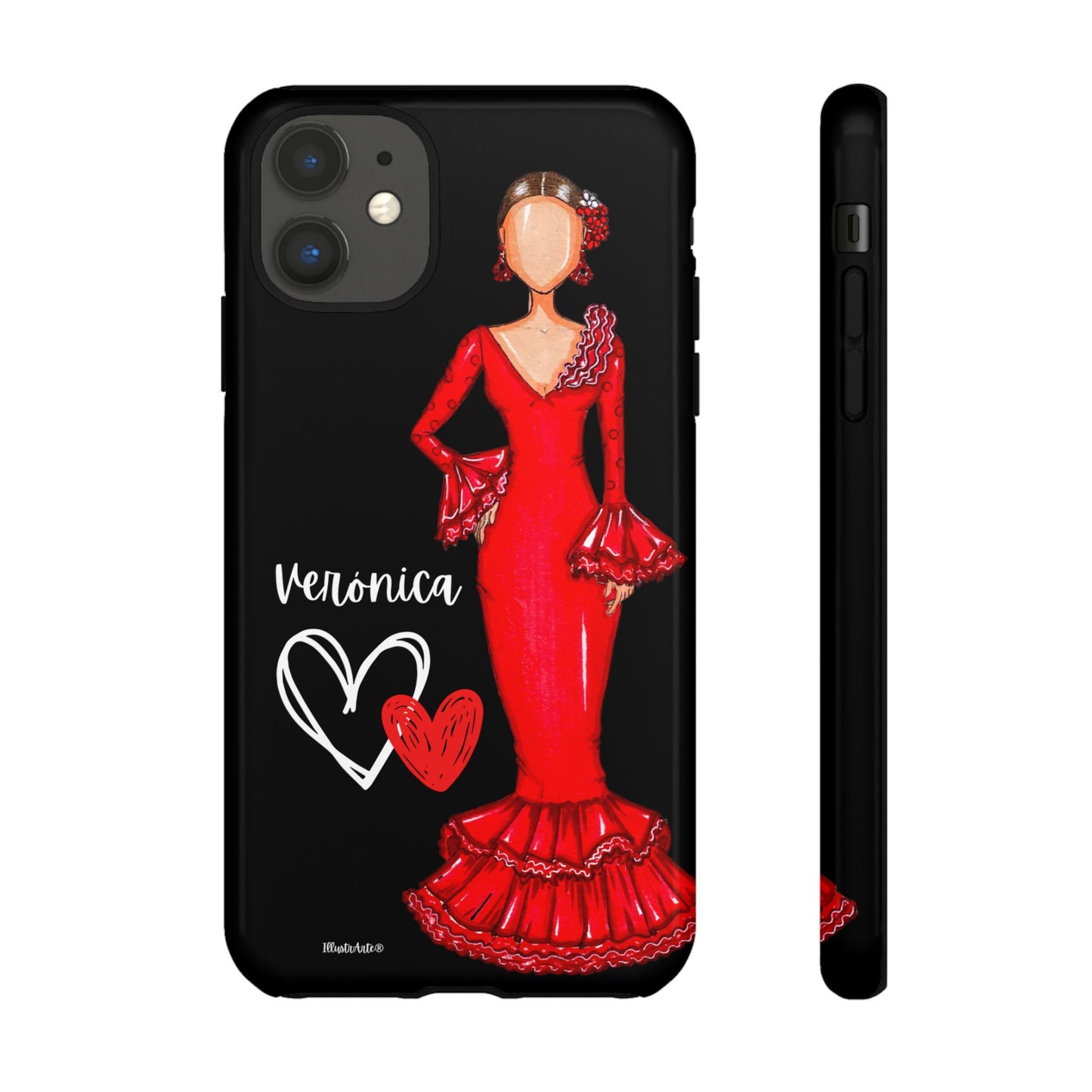 una funda de teléfono con una mujer con un vestido rojo