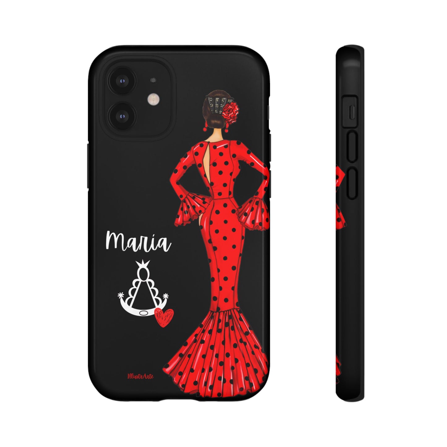 una funda de teléfono con una mujer en un vestido rojo