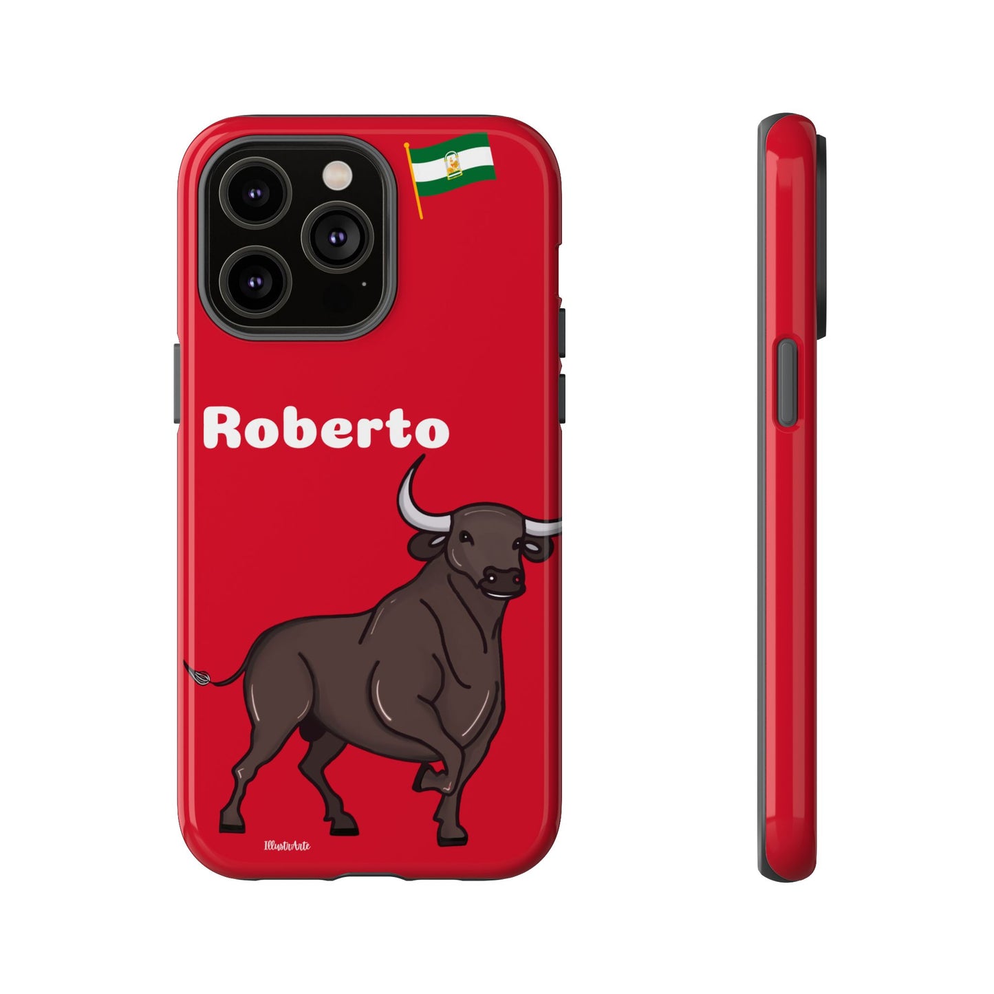 una funda de teléfono roja con un toro en ella