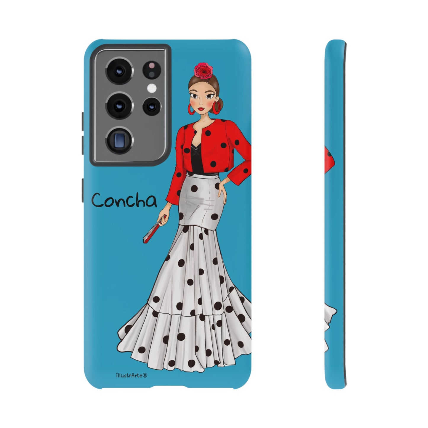 Funda de teléfono personalizada a tu gusto, Modelo Conchita fondo azul, ideal para quienes buscan exclusividad.