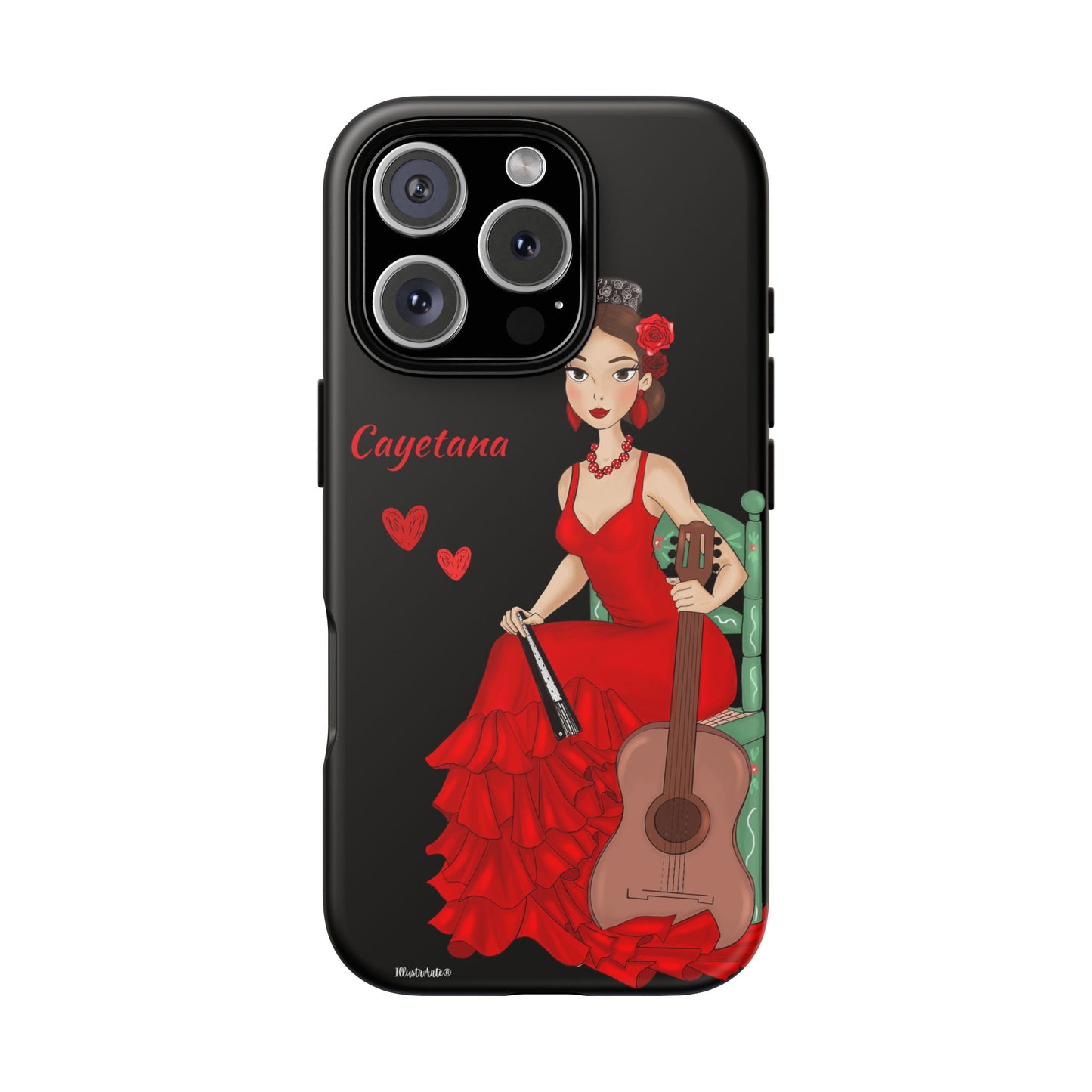 una funda de teléfono con una mujer en un vestido rojo sosteniendo una guitarra