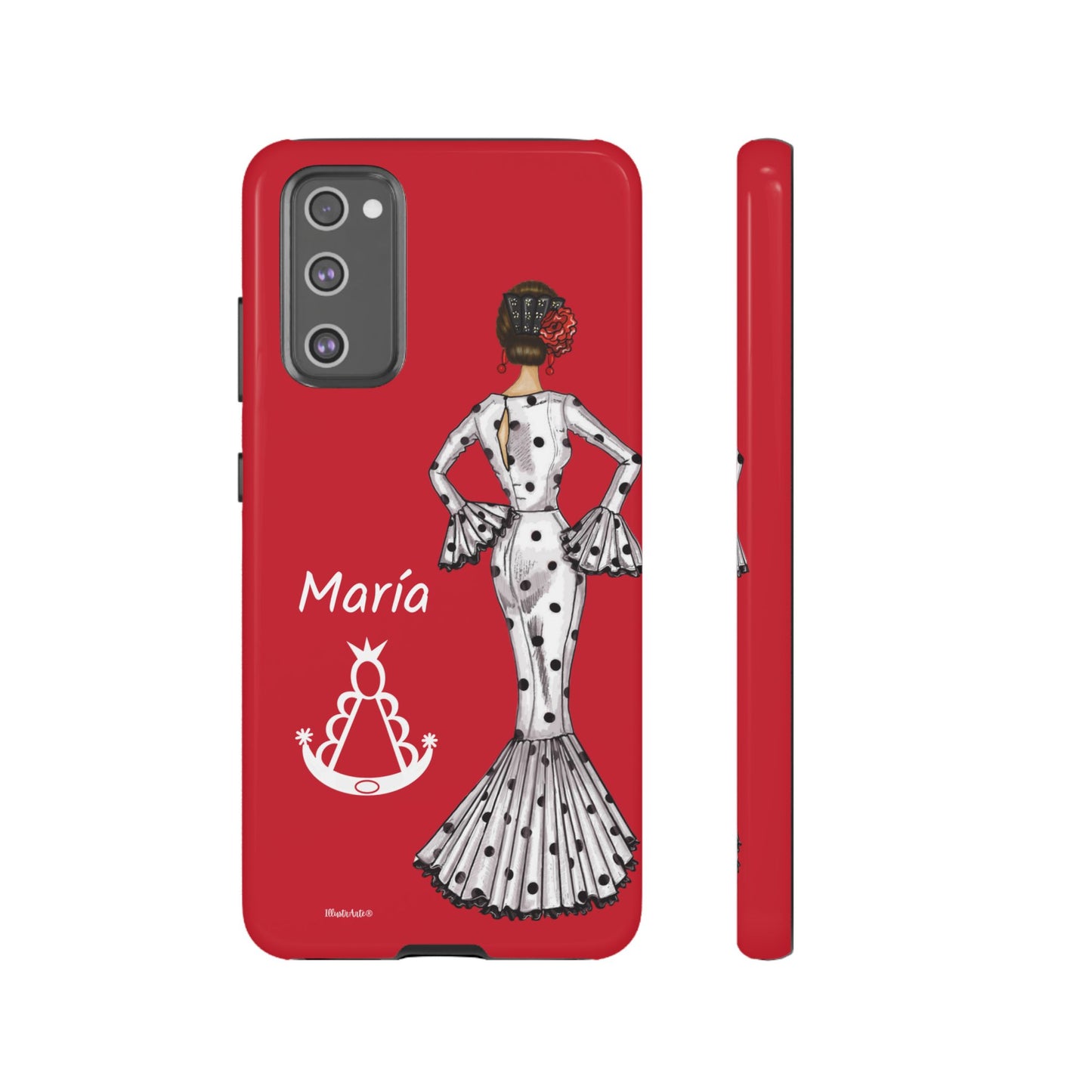 una funda de teléfono roja con una imagen de una mujer en un vestido