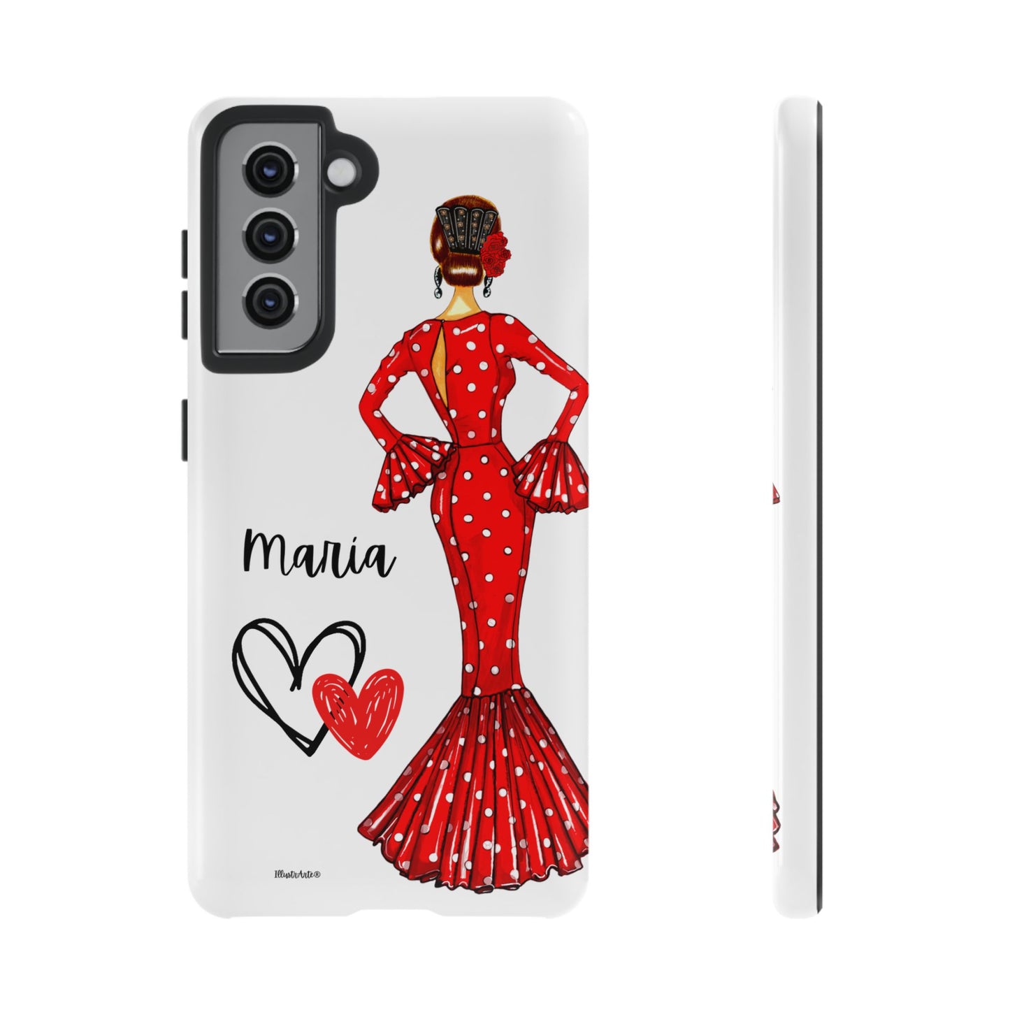 una funda de teléfono con una foto de una mujer en un vestido rojo