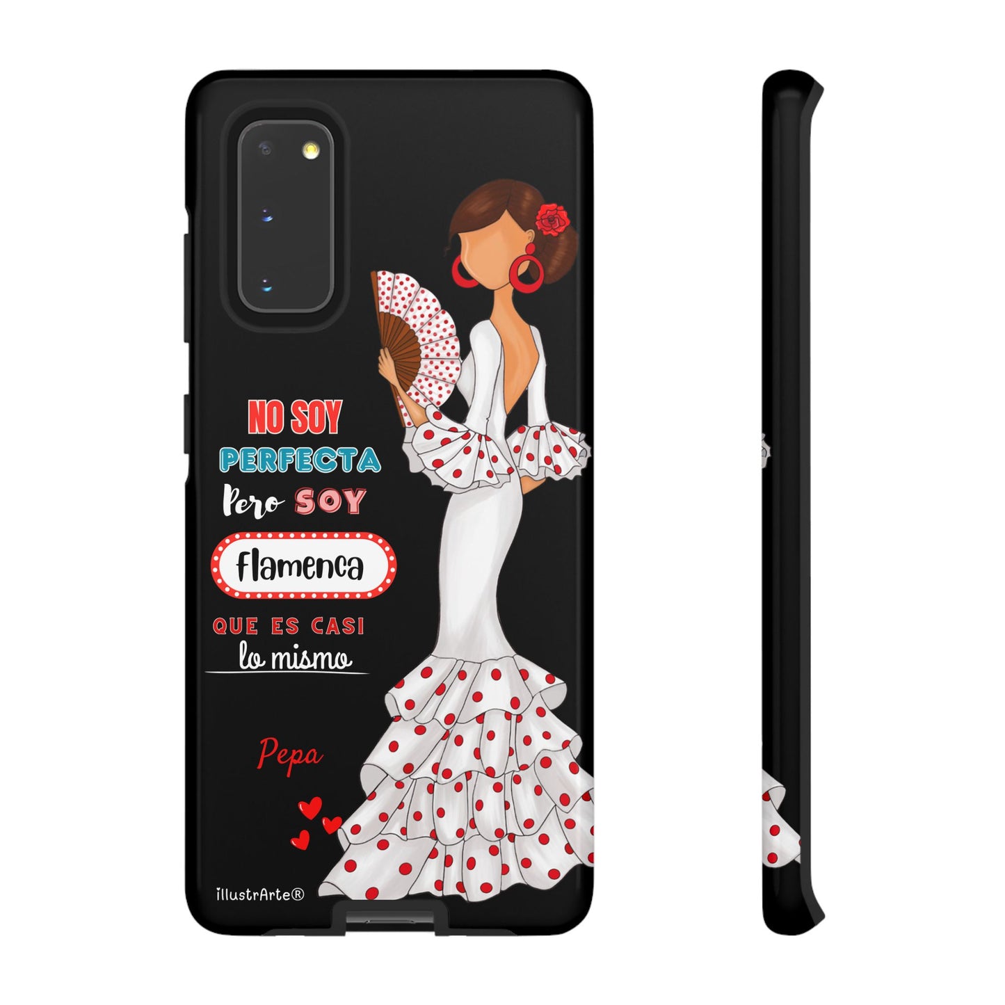 Funda de teléfono personalizable Pepa vestido blanco con frase – para iPhone, Samsung, Pixel