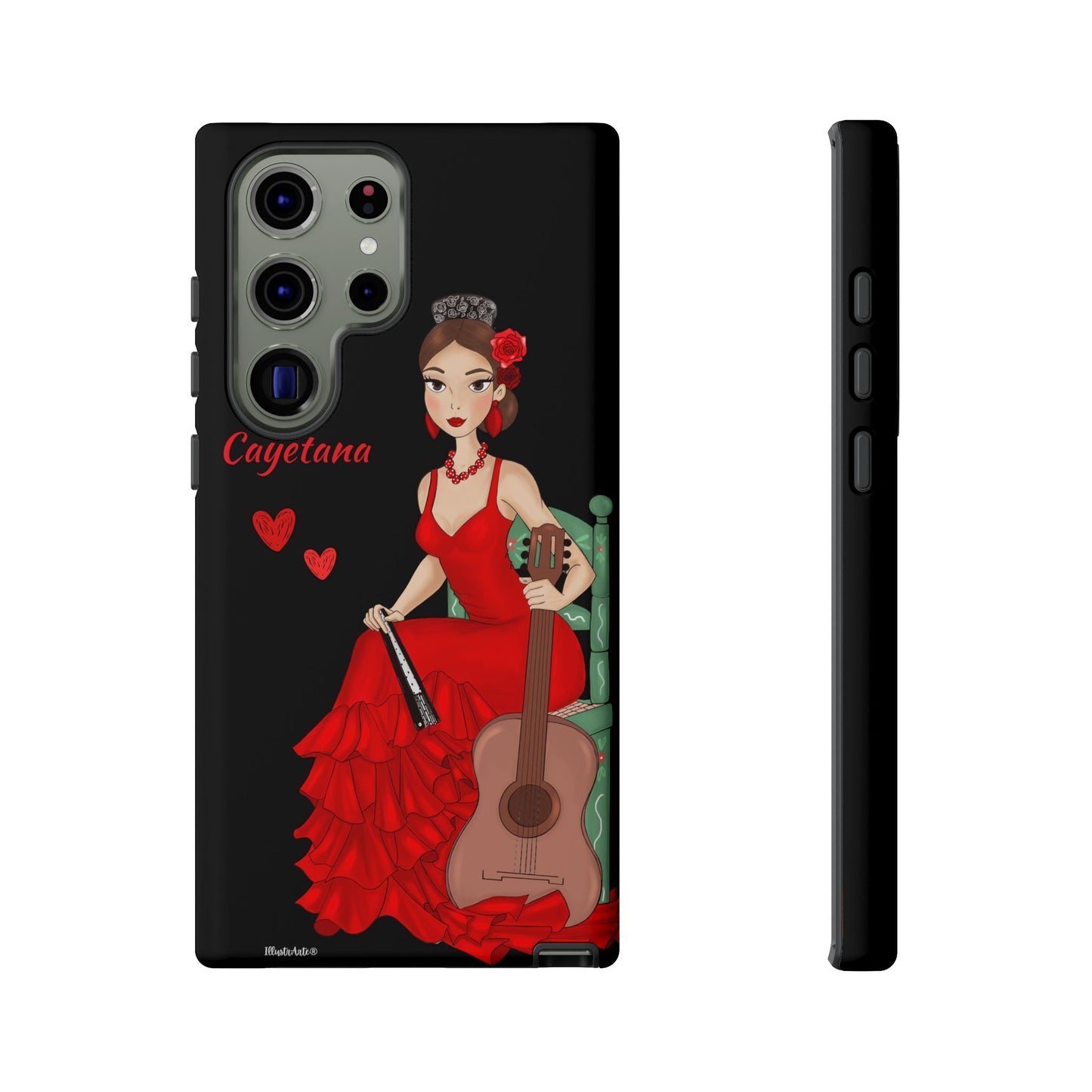 una funda de teléfono con una mujer en un vestido rojo sosteniendo una guitarra