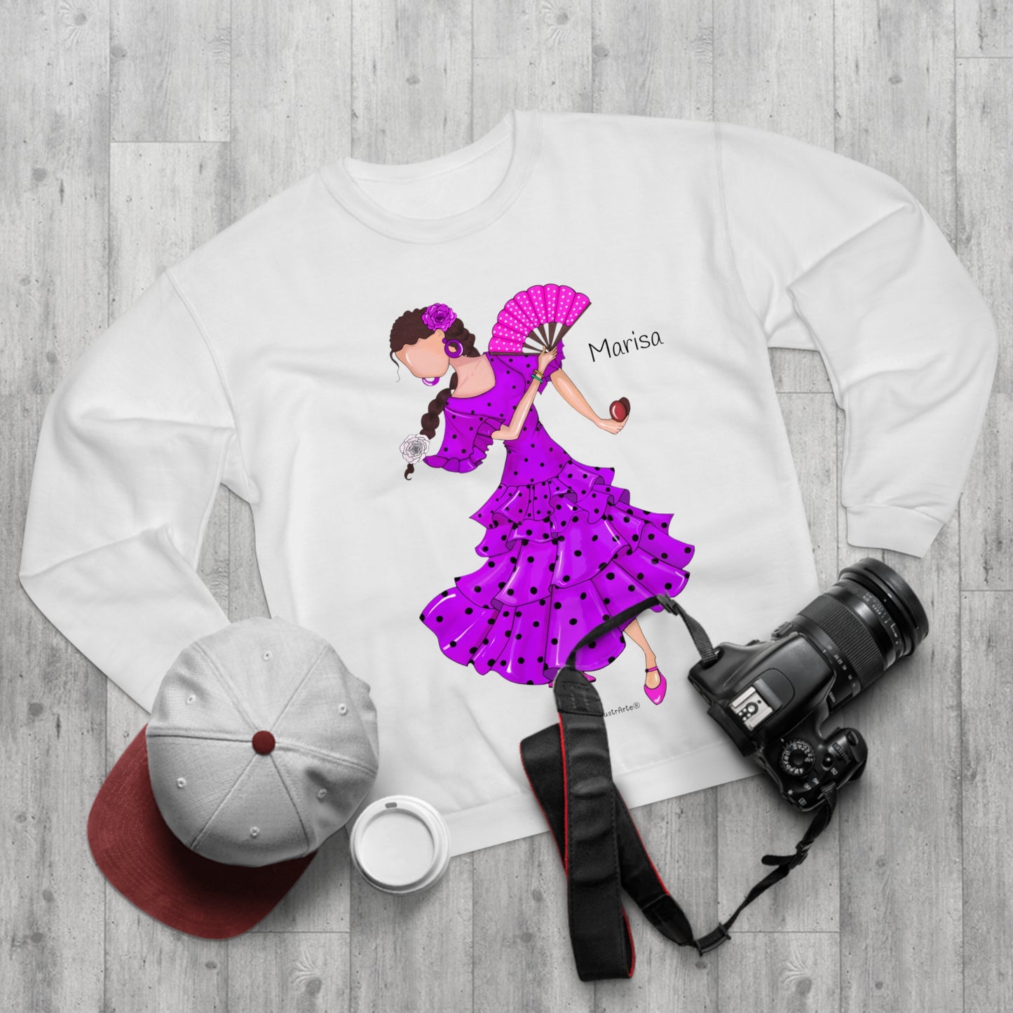 Sudadera Personalizable  - Flamenca Marisa, fondo Blanco.