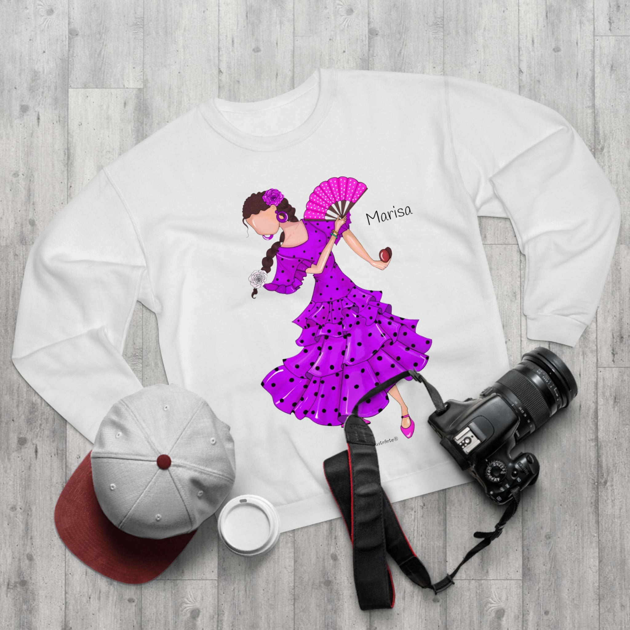 Diseño de la Sudadera Personalizable Flamenca Marisa, una opción ideal para salir con amigos o bailar.