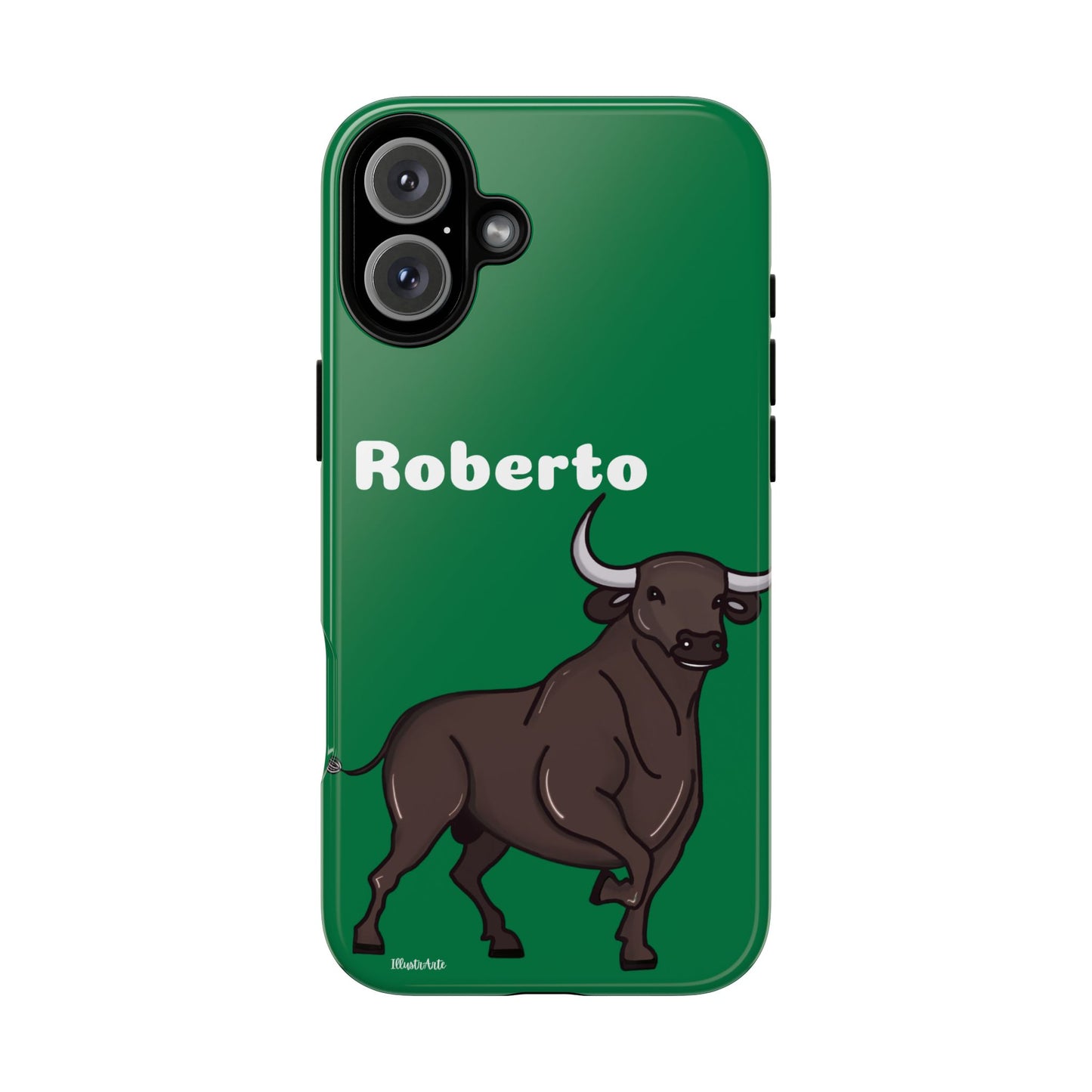 una funda de teléfono verde con un toro en ella