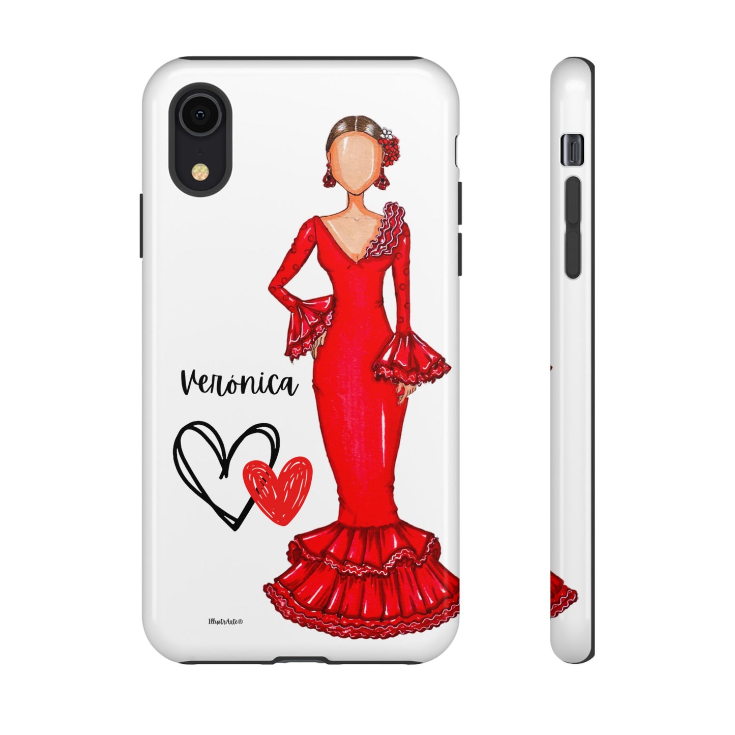 una funda de teléfono con una mujer en un vestido rojo