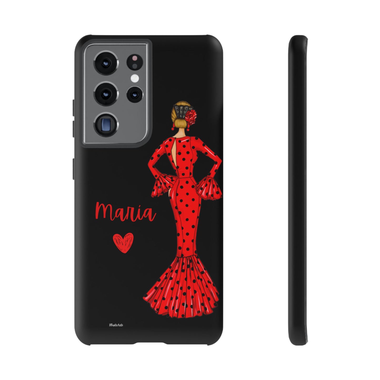 una funda de teléfono con una mujer en un vestido rojo