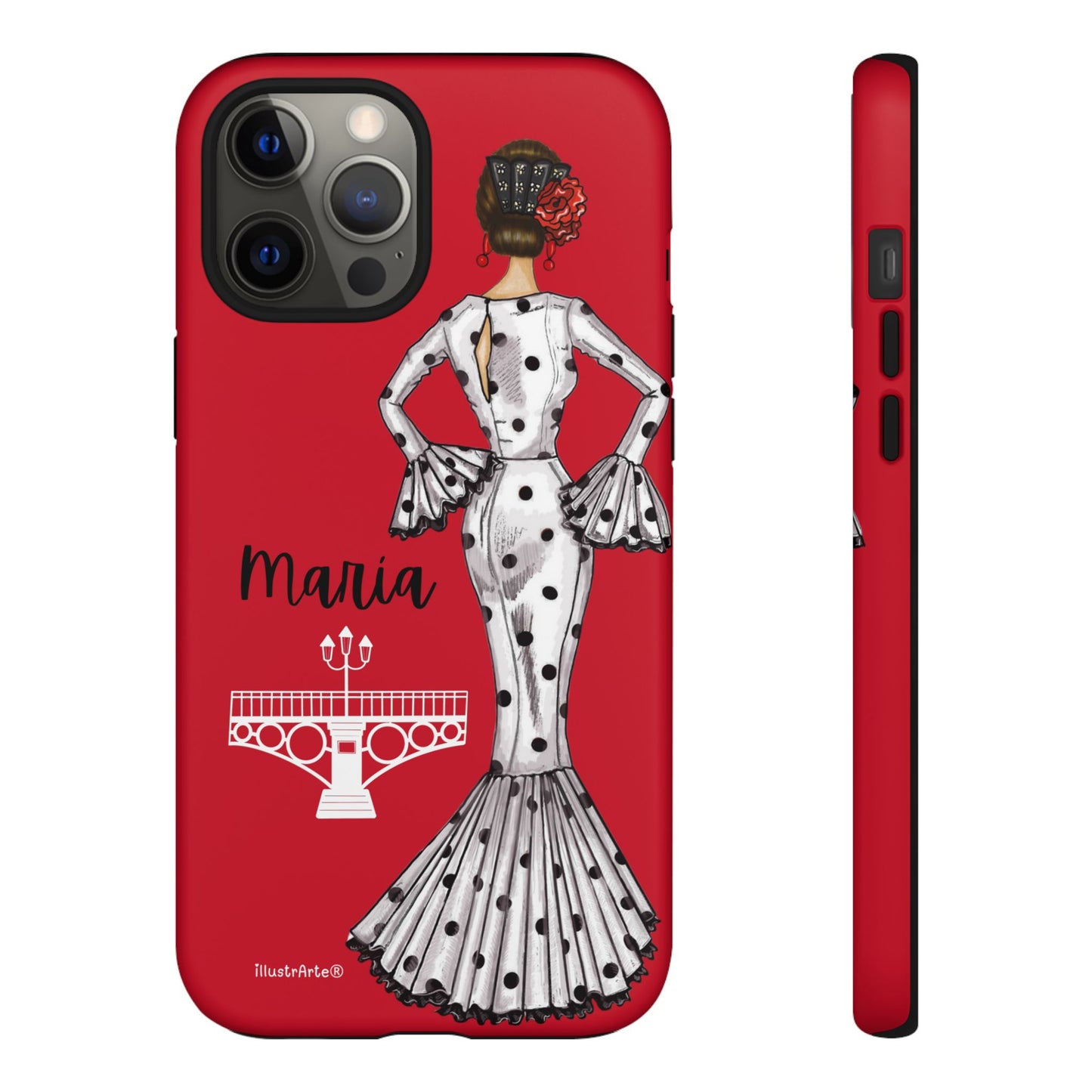 Funda de teléfono personalizada con ilustración de flamenca María, aquí mostrada en un iPhone, perfecta para personalizar tu estilo.