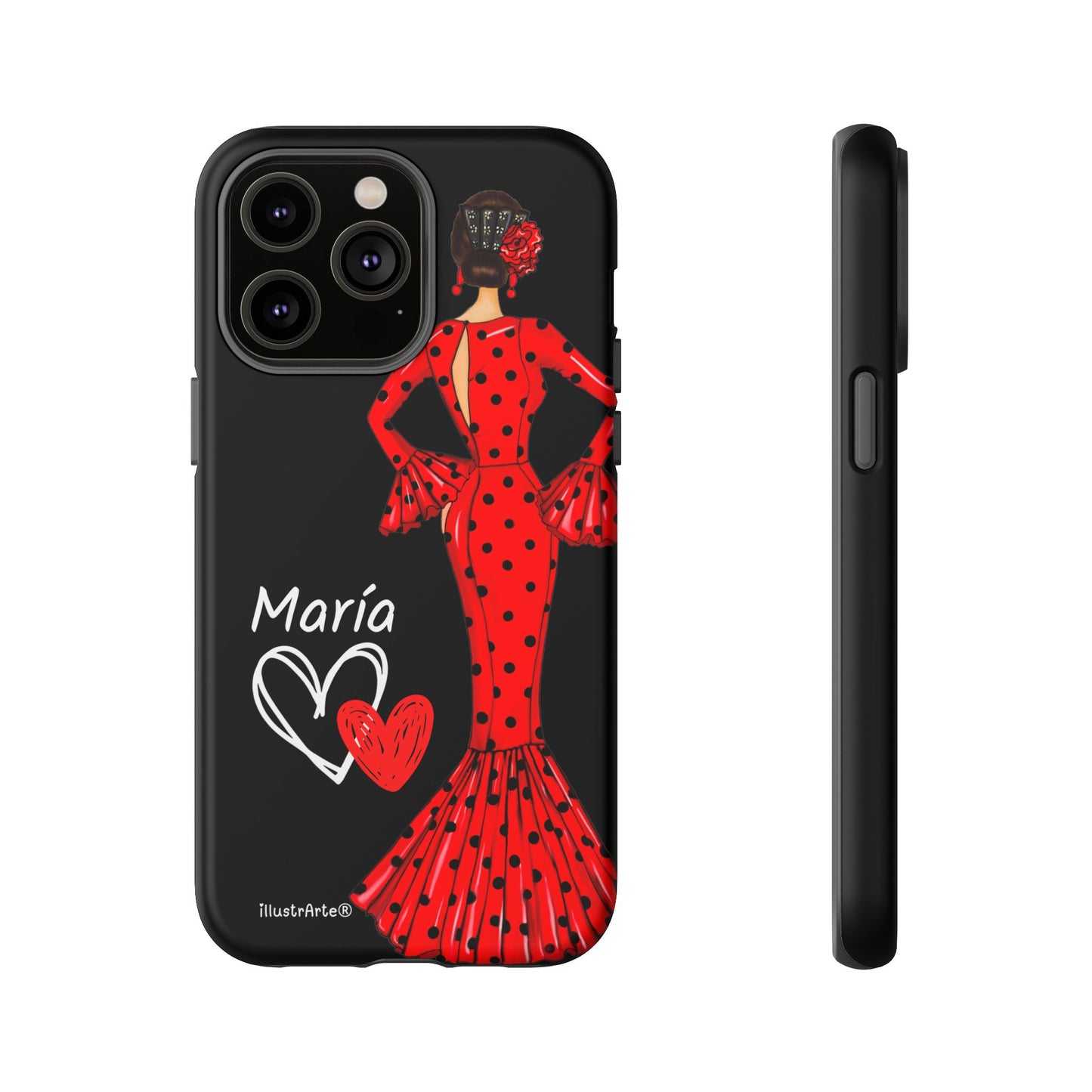 Capa de celular personalizável com nome/bandeira/Virgem - modelo Red Maria com cabelo escuro, fundo preto, para iPhone, Samsung e Google Pixel