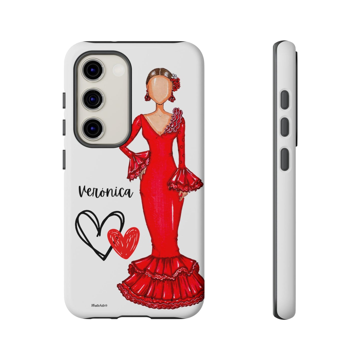 una funda de teléfono con un dibujo de una mujer en un vestido rojo