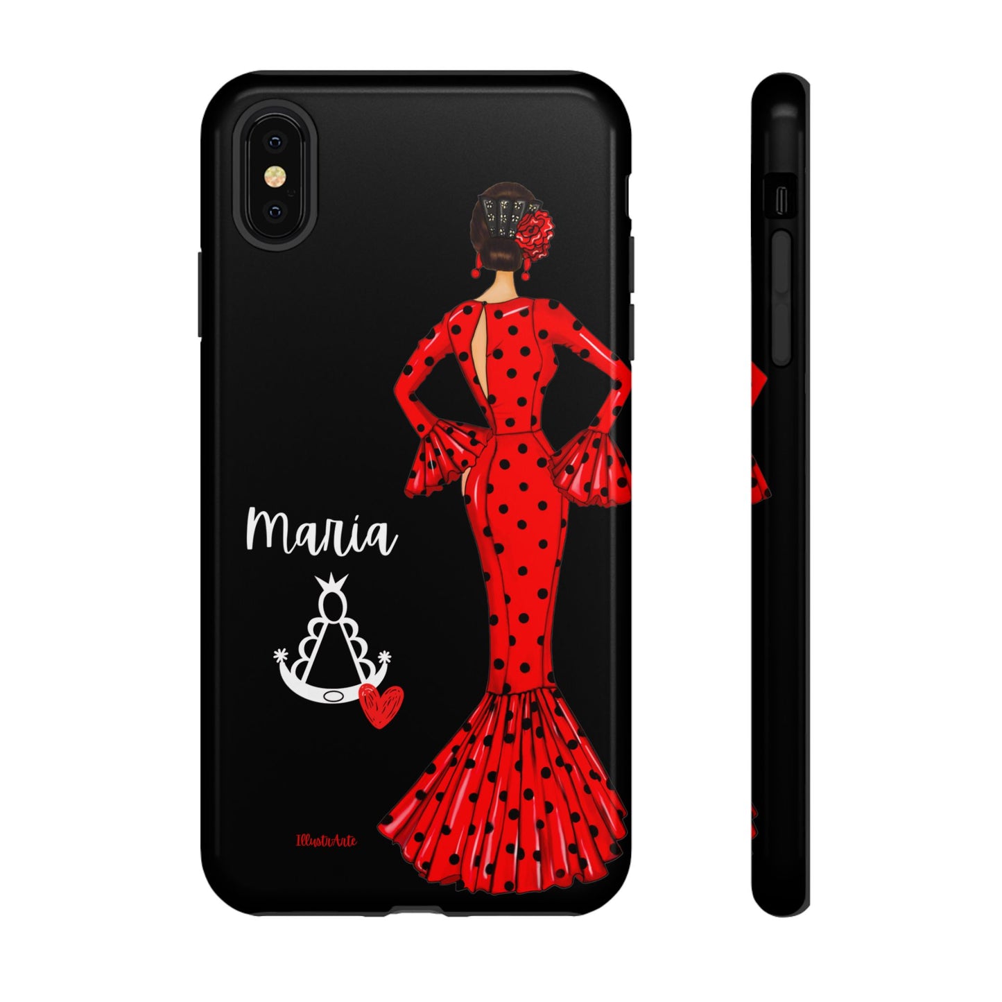 una funda de teléfono con una mujer en un vestido rojo