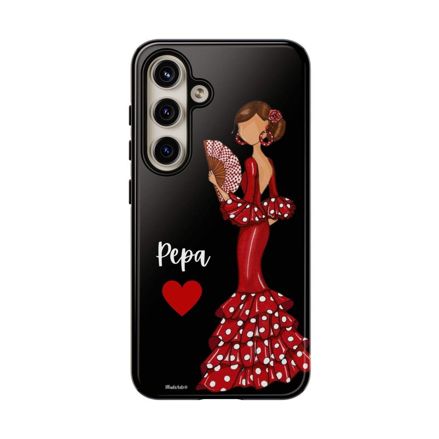 una funda de teléfono con una mujer en un vestido rojo