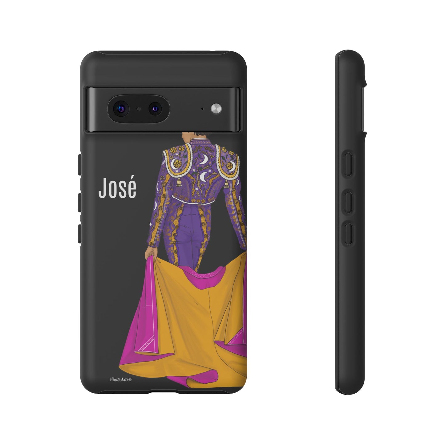 una funda de teléfono con una imagen de una mujer en un vestido morado