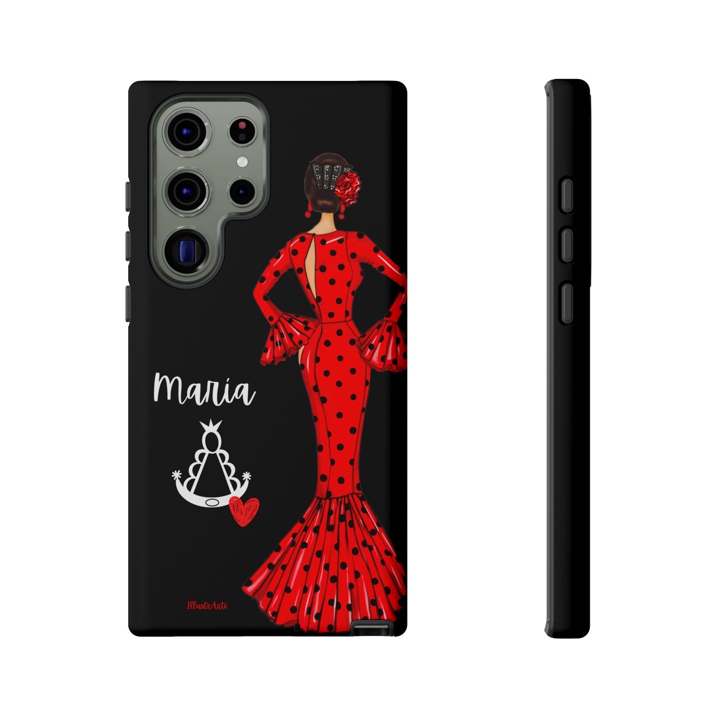 una funda de teléfono con una mujer en un vestido rojo