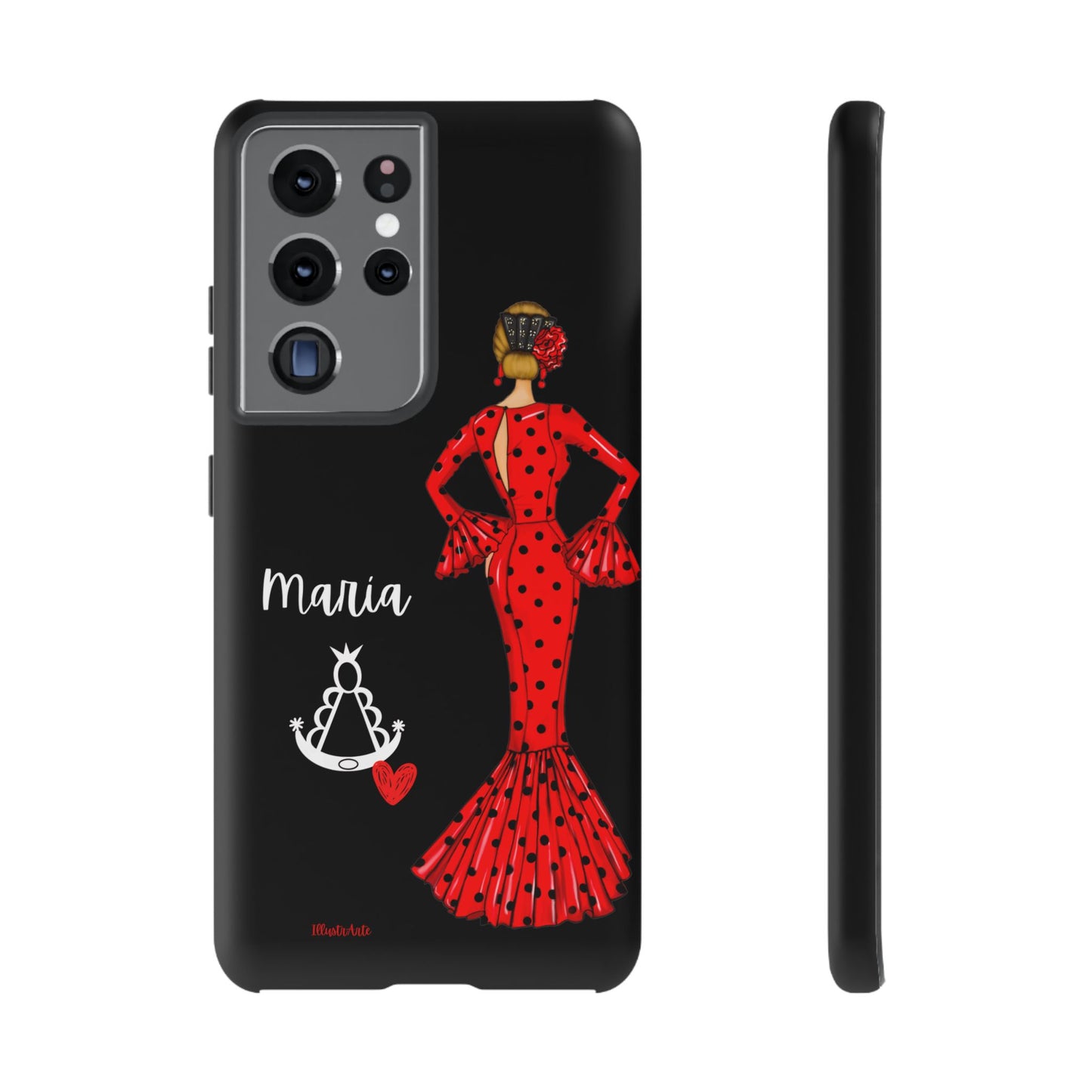 una funda de teléfono con una mujer en un vestido rojo