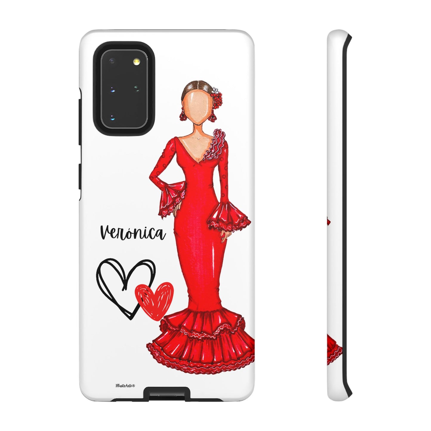 una funda de teléfono con una mujer en un vestido rojo