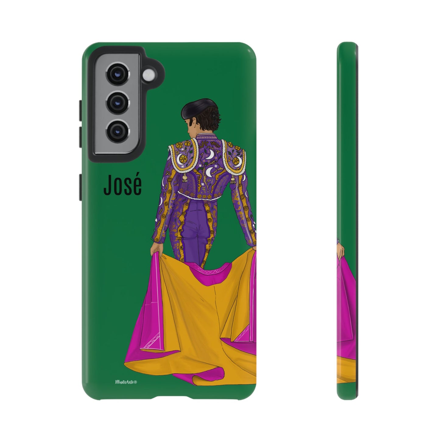 una funda de teléfono con un dibujo de un hombre en un traje púrpura