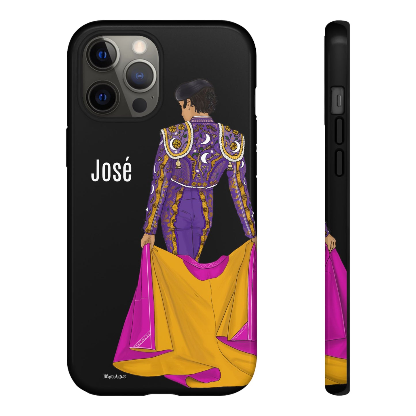 una funda de teléfono con una imagen de una mujer en un traje morado y amarillo