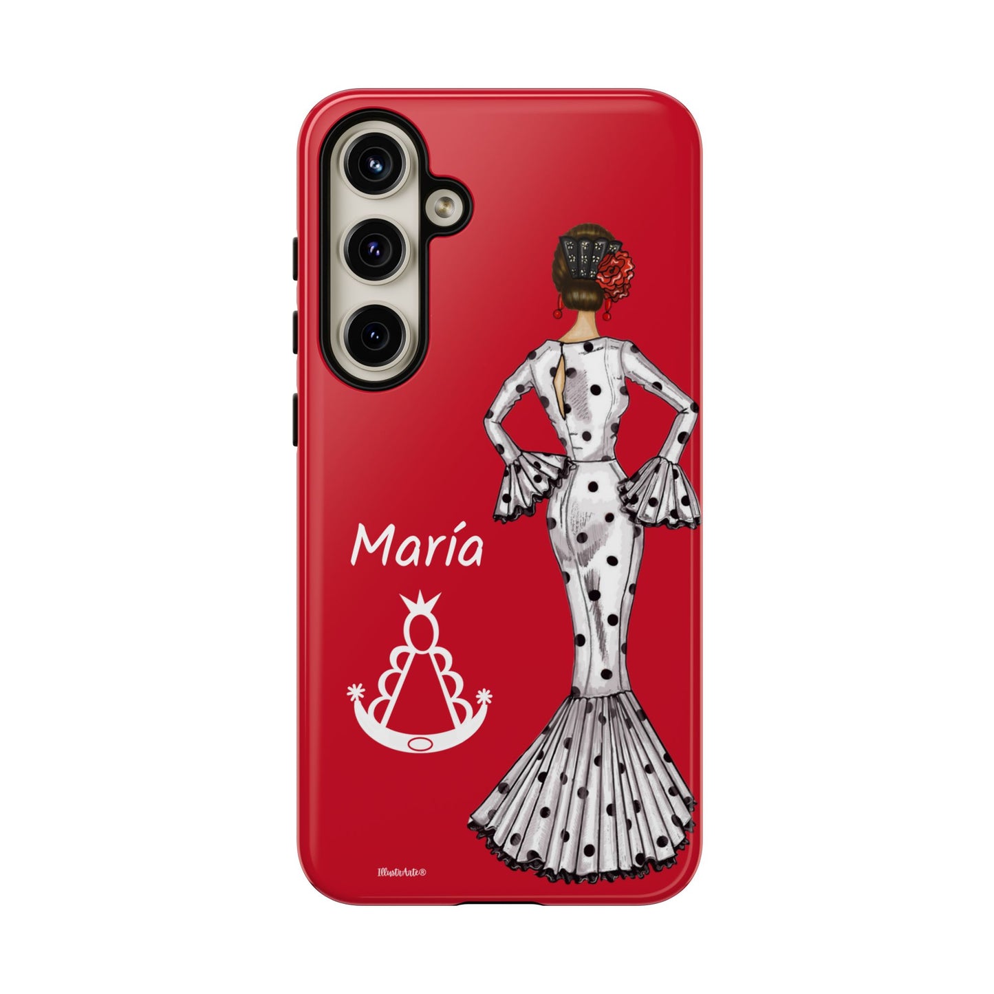 una funda roja con una imagen de una mujer en un vestido