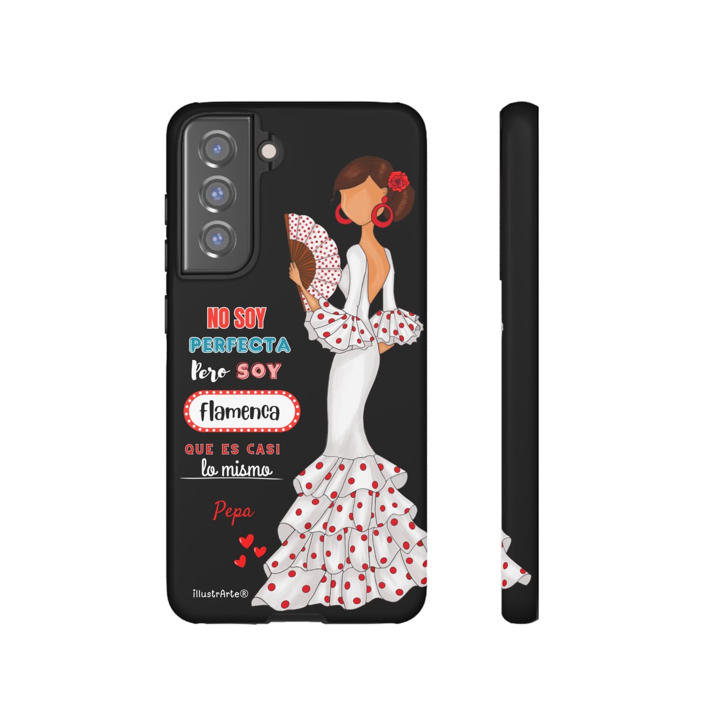 Funda de teléfono personalizable Pepa vestido blanco con frase – para iPhone, Samsung, Pixel